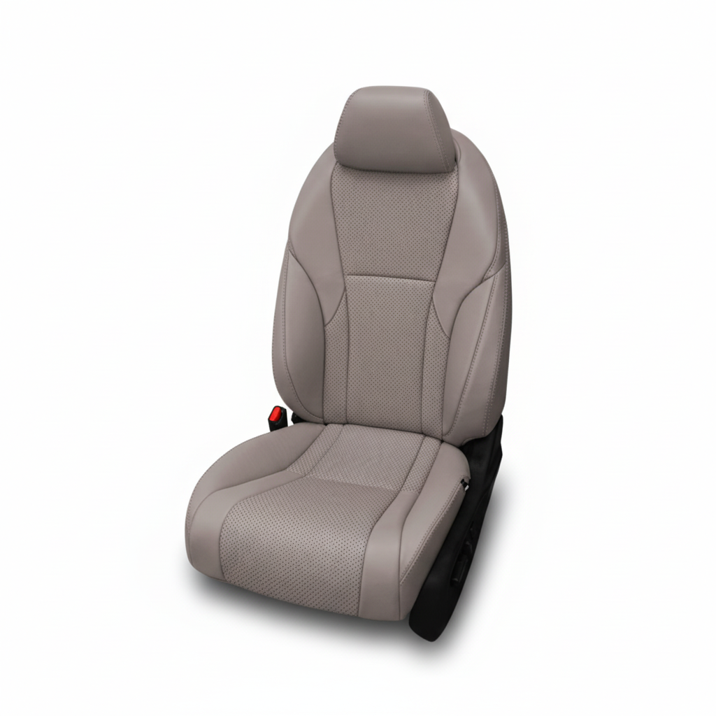 Dove gray leather car seat with perforated inserts on a white background.