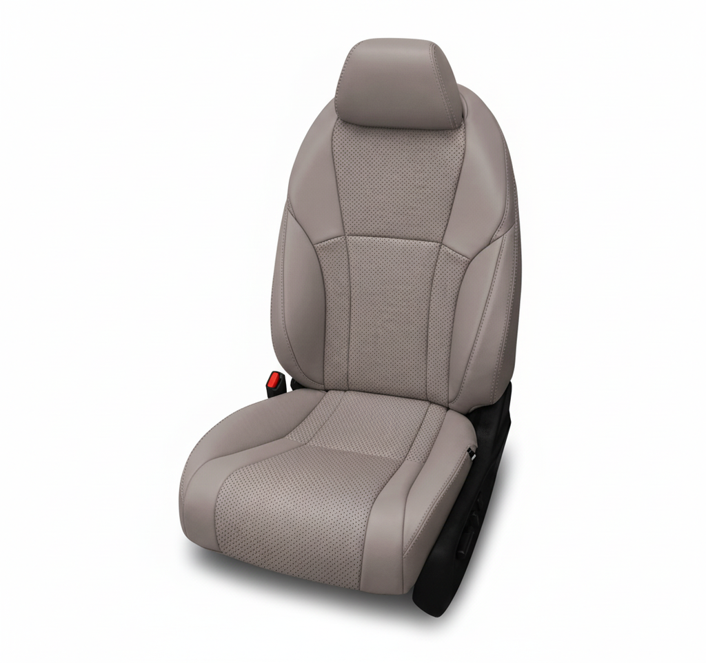 Dove gray leather car seat with perforated panels on a white background.

