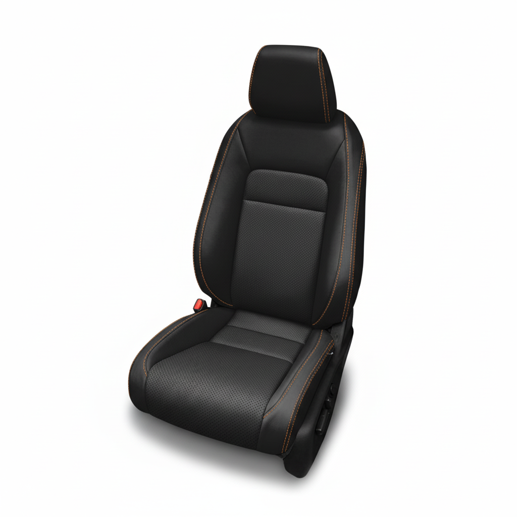 Black leather car seat with perforated center and orange contrast stitching on a white background.
