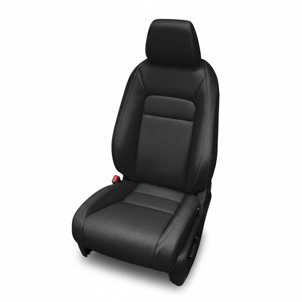 Black leather car seat with perforated center and contrast stitching on a white background.

