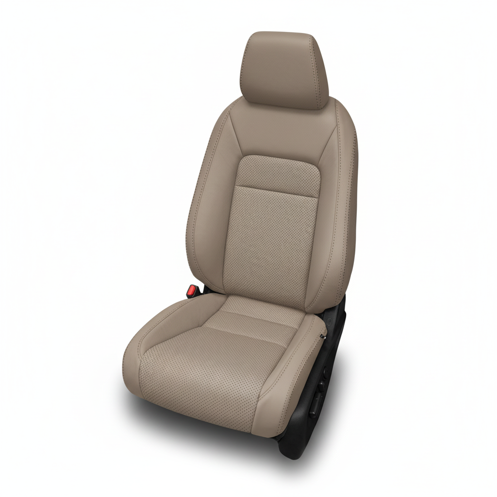 Dove gray leather car seat with perforated center on a white background.
