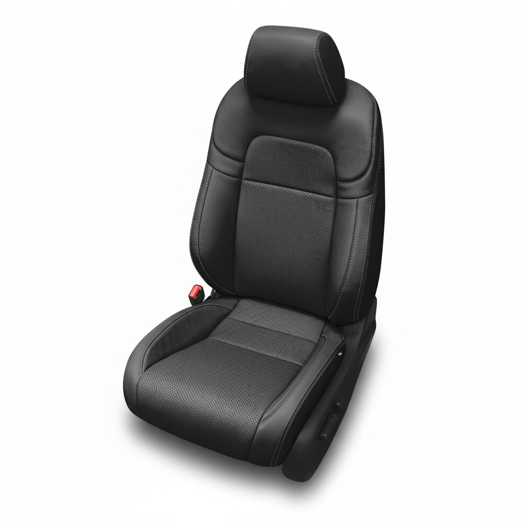 Black leather car seat with perforated inserts and stone stitching on a white background.