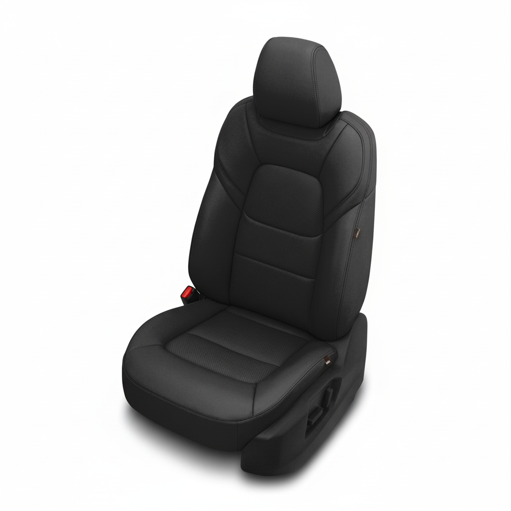 Black leather car seat with perforated center on a white background.
