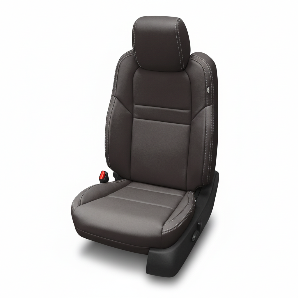 Dark graphite leather car seat with stone contrast stitching on a white background.
