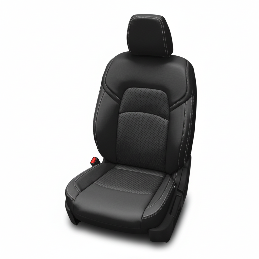 Black leather car seat with perforated center panels and silver contrast stitching on a white background.
