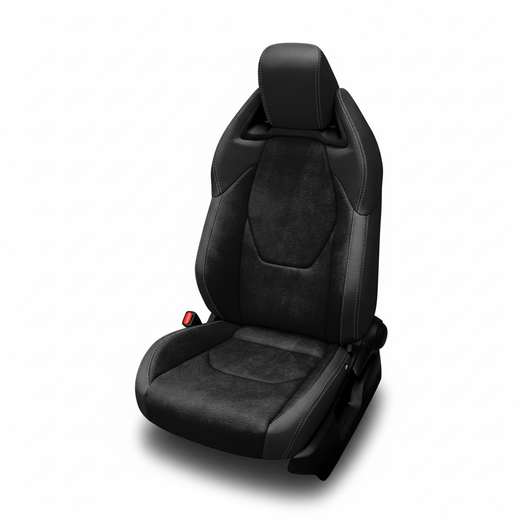 Black leather car seat with Raven suede center and stone stitching on a white background.
