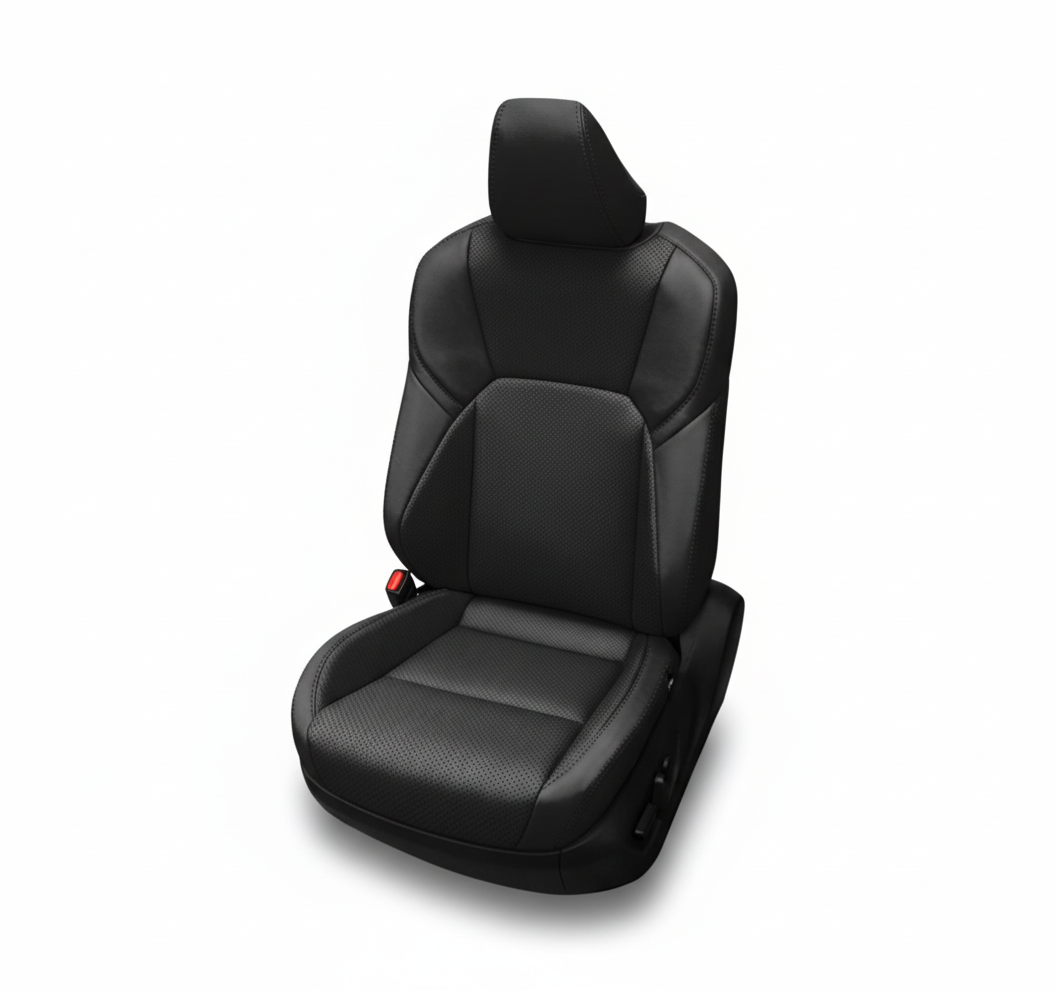 Black leather car seat with perforated center on a white background.
