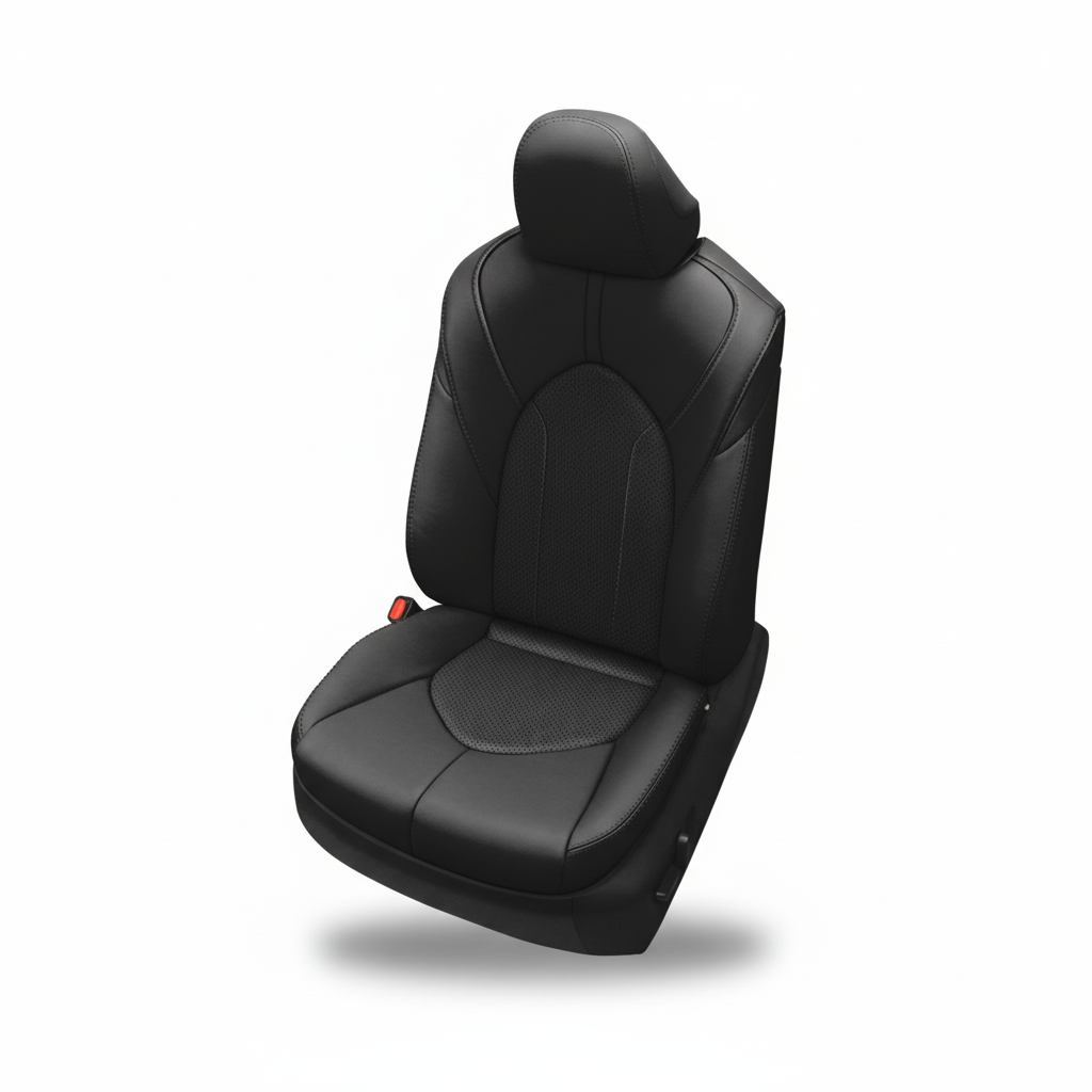 Black leather car seat with perforated center on a white background.
