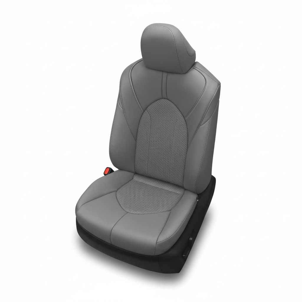 Lunar grey leather car seat with perforated center on a white background.
