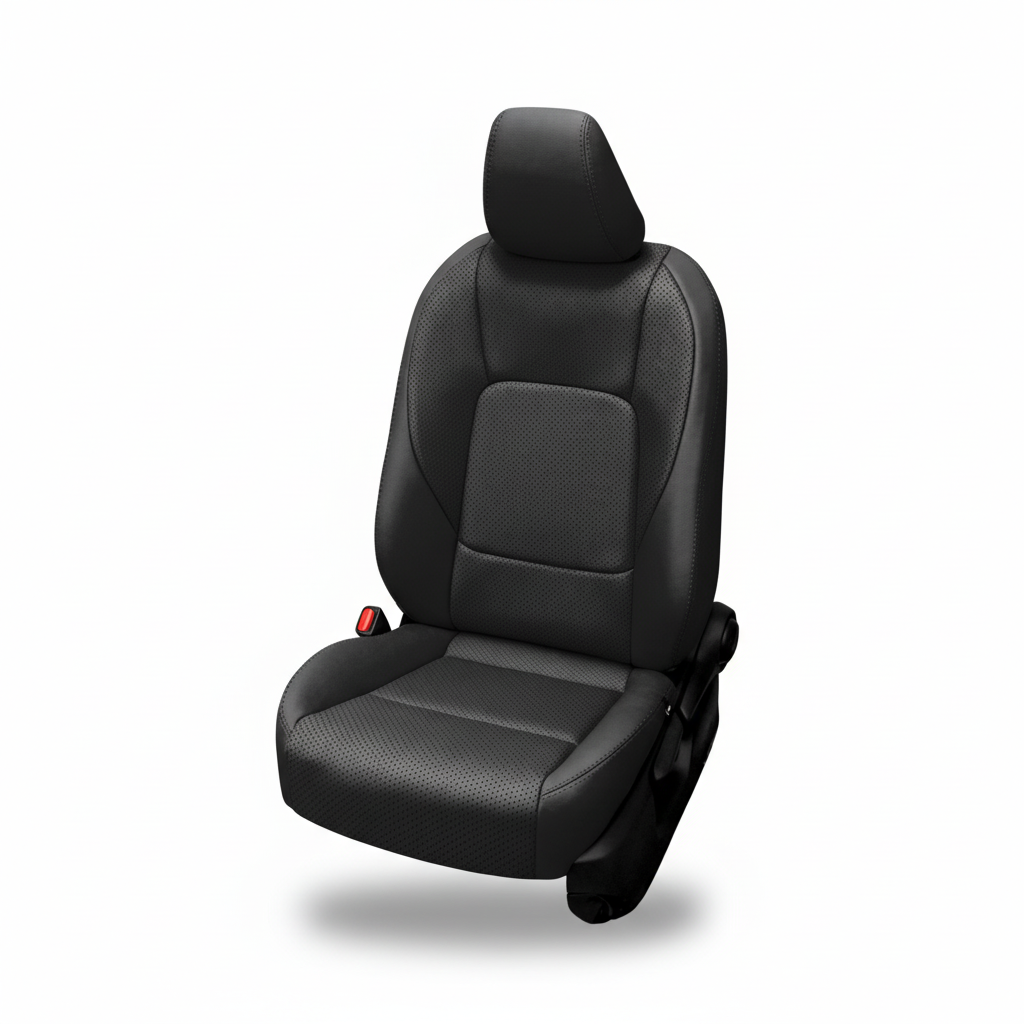 Black leather car seat with perforated panels and black stitching on a white background.
