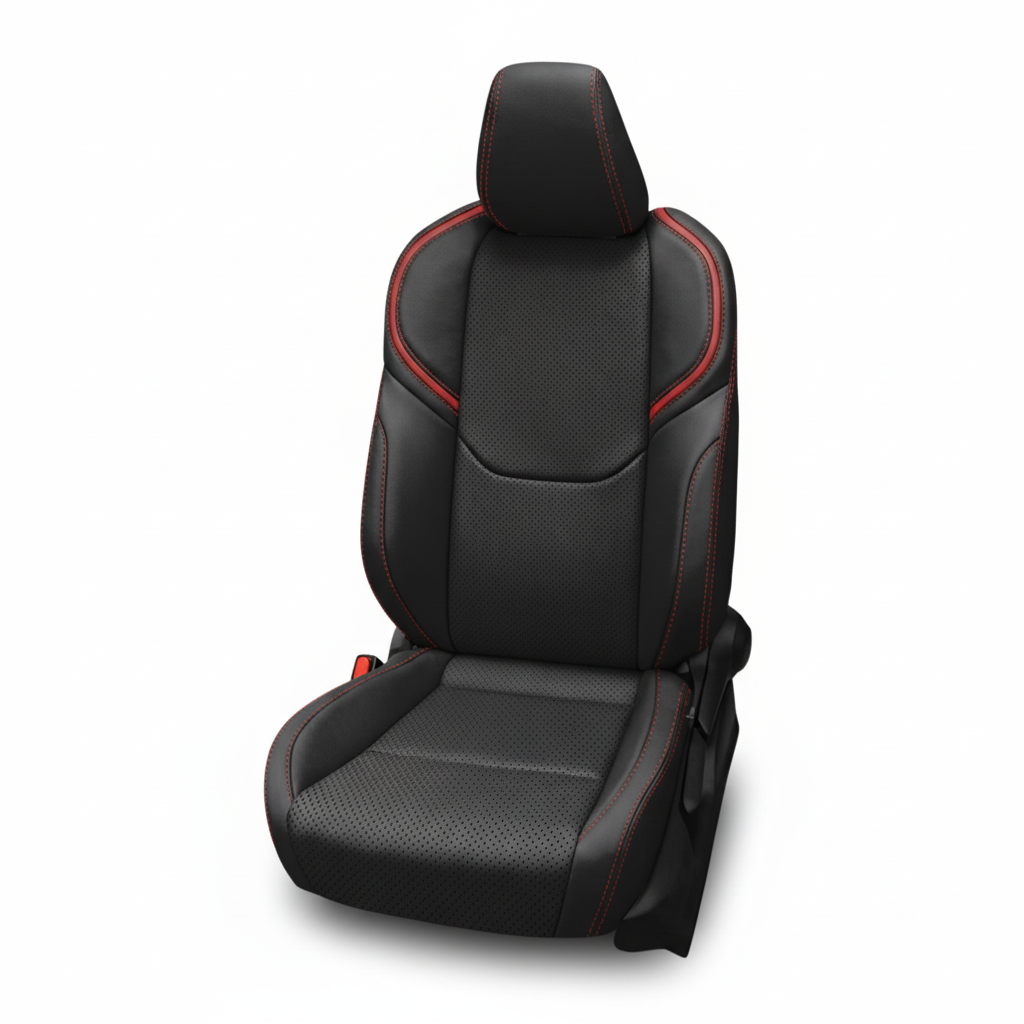 Black leather car seat with red contrast stitching on a white background.
