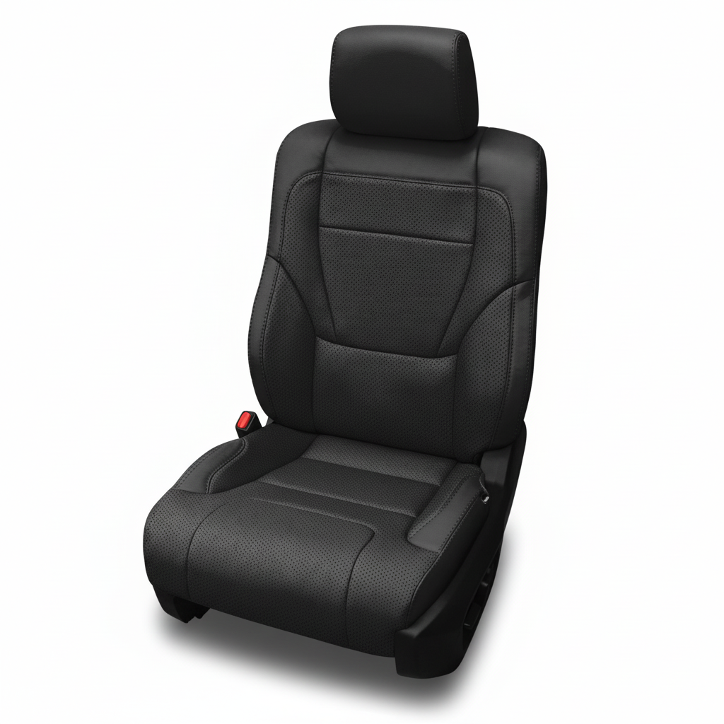 Black leather car seat with perforated panels and black stitching on a white background.
