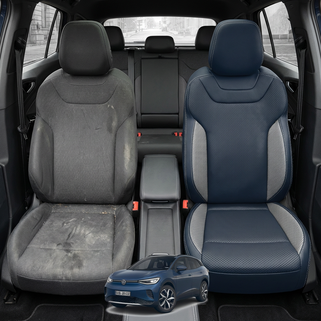 Before-and-after comparison of front seats, showing cloth seat upgraded to perforated leather upholstery.