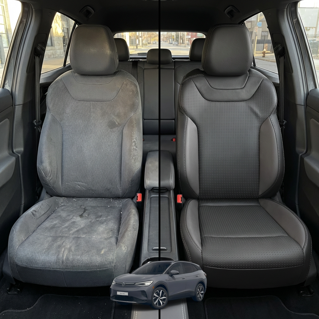 Before-and-after comparison of front seats, showing cloth seat upgraded to perforated leather upholstery.