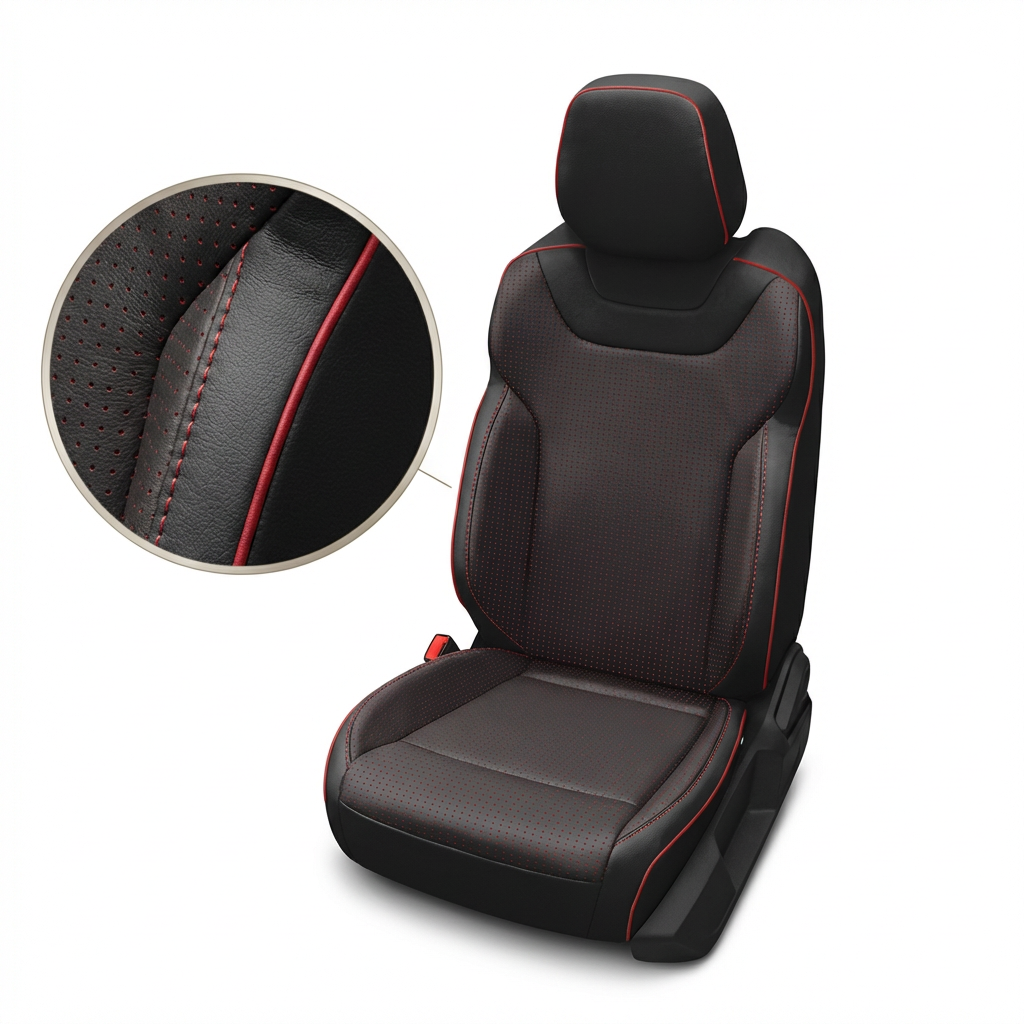 Black car seat cover with red stitching on a white background