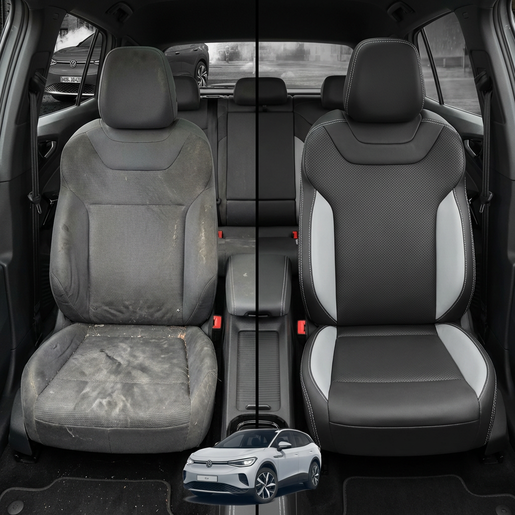 Before-and-after comparison of front seats, showing cloth seat upgraded to perforated leather upholstery.