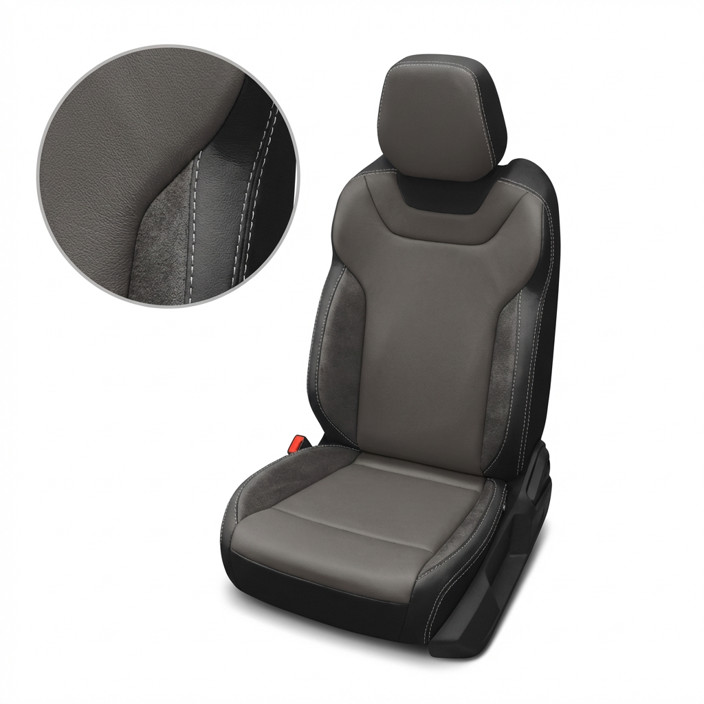 Gray car seat cover with close-up of stitching detail on a white background