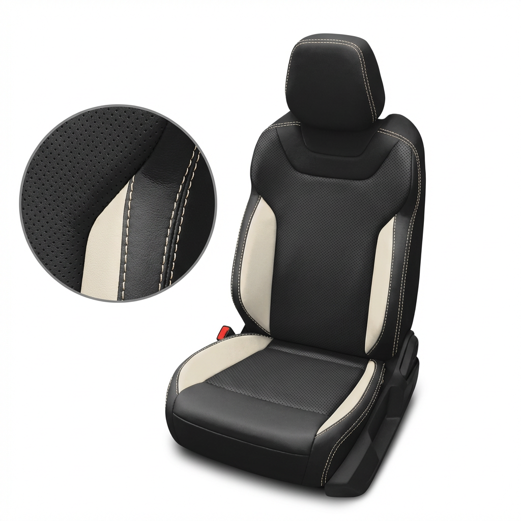Black and beige car seat cover with detailed stitching on a white background