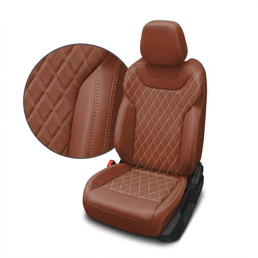 Brown leather car seat cover with diamond stitching on a white background