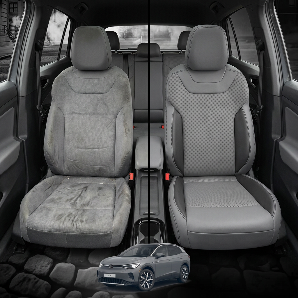 Before-and-after comparison of front seats, showing cloth seat upgraded to perforated leather upholstery.