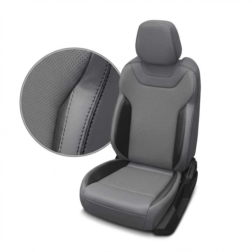 Gray car seat cover with detailed stitching on a white background