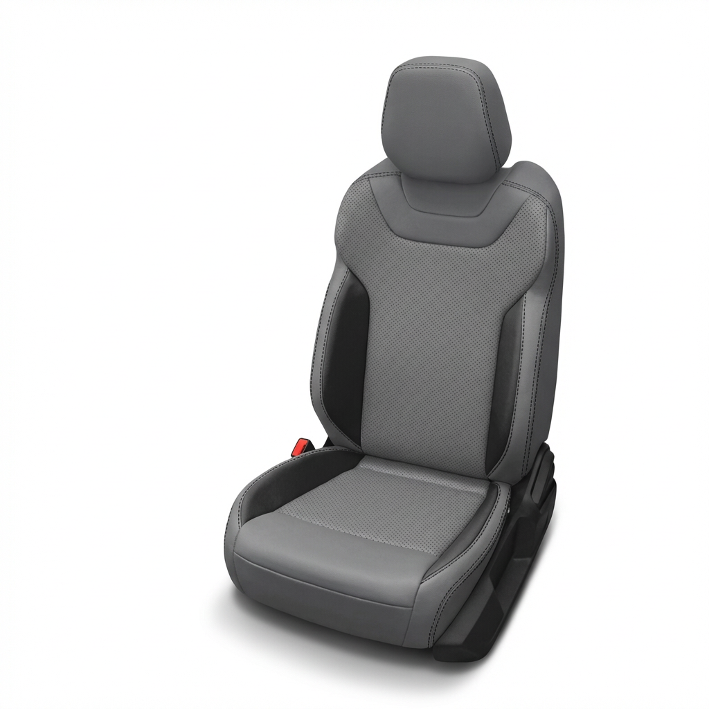 Gray car seat with black headrest on a white background
