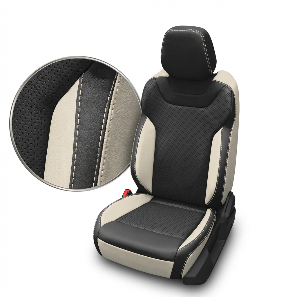 Black and beige car seat cover with detailed stitching on a white background