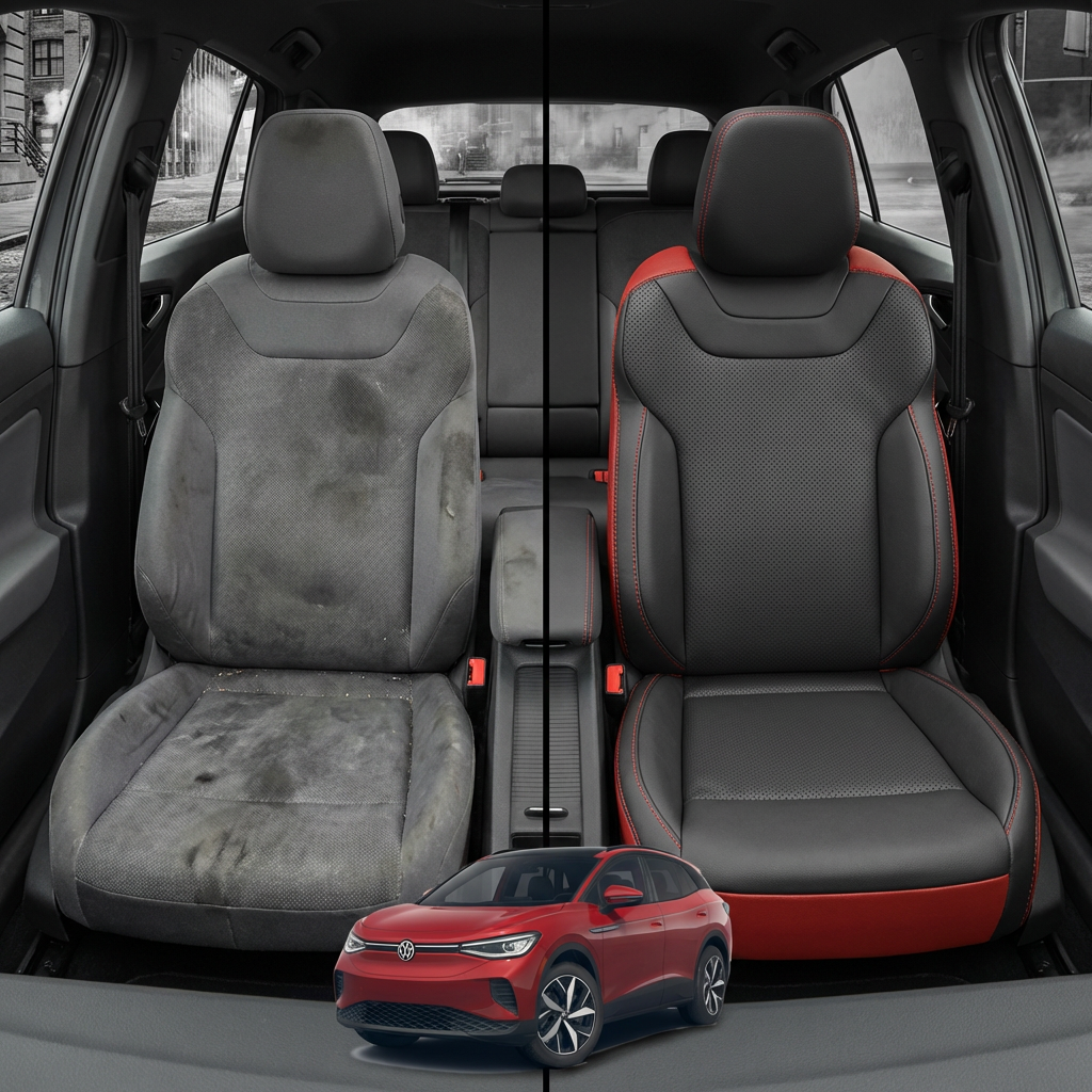 Before-and-after comparison of front seats, showing cloth seat upgraded to perforated leather upholstery.