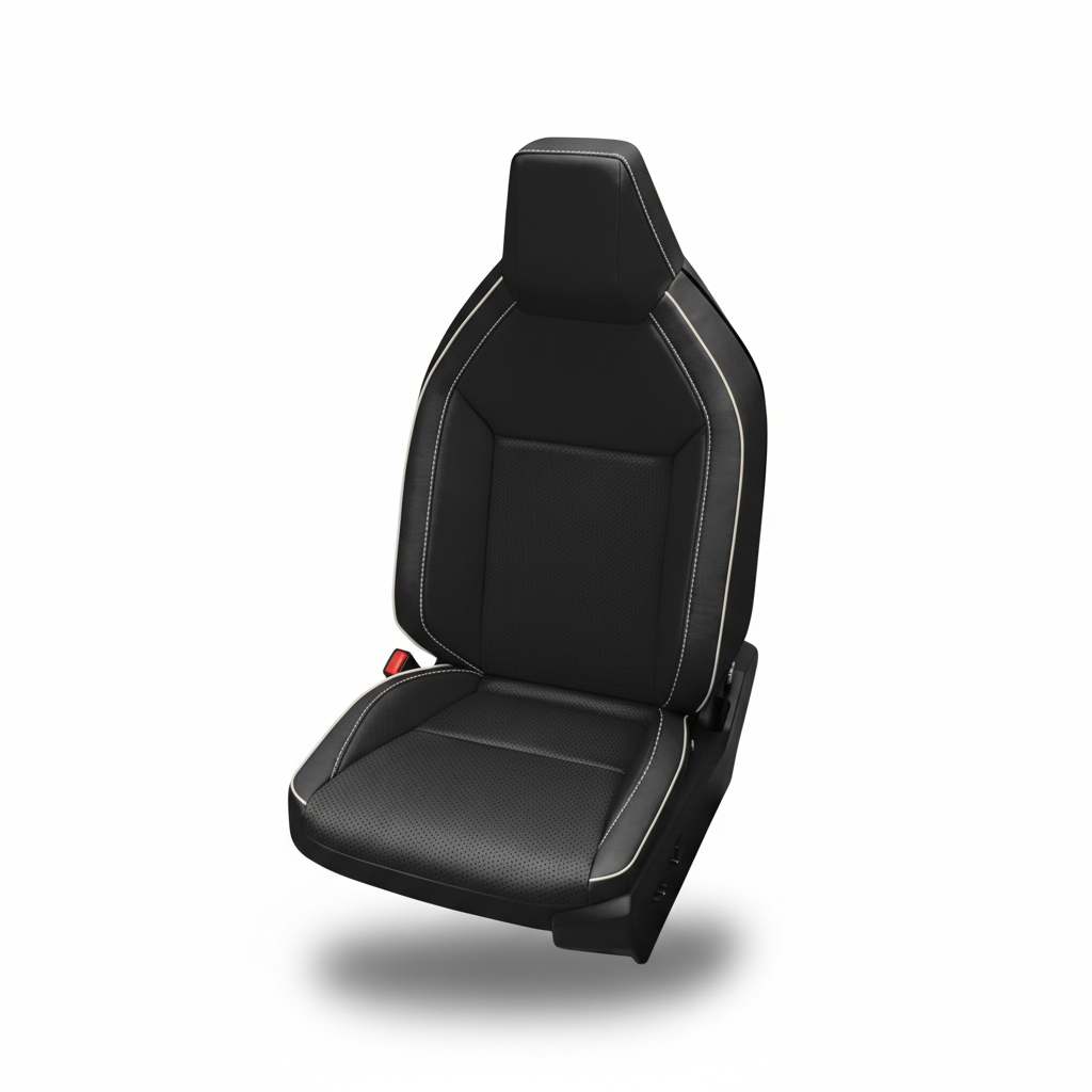 Black leather car seat with perforated inserts and pearl stitching on a white background.
