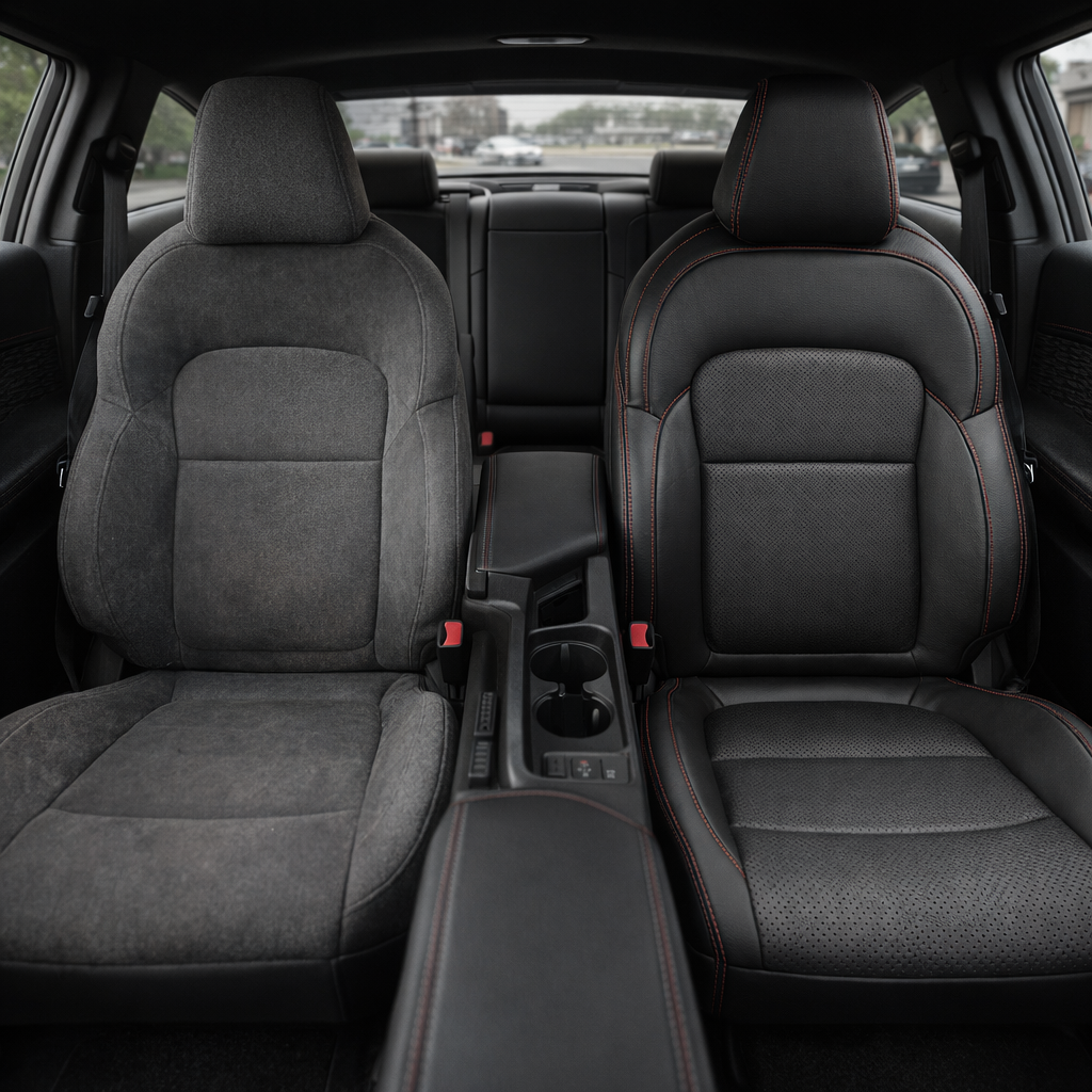 Before-and-after front in-cabin view of a 2024–2026 Dodge Charger EV: left shows the original gray cloth front seat, while right shows the upgraded LeatherTeck seat upholstery kit in black with perforated center inserts and red contrast stitching, with the center console, cupholders, rear seat, side windows, and black interior trim visible.