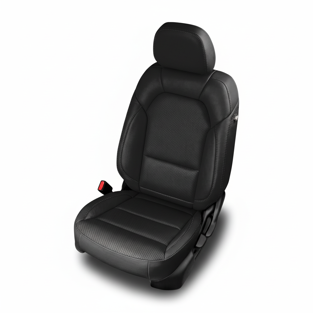 Black leather car seat with perforated inserts on a white background.