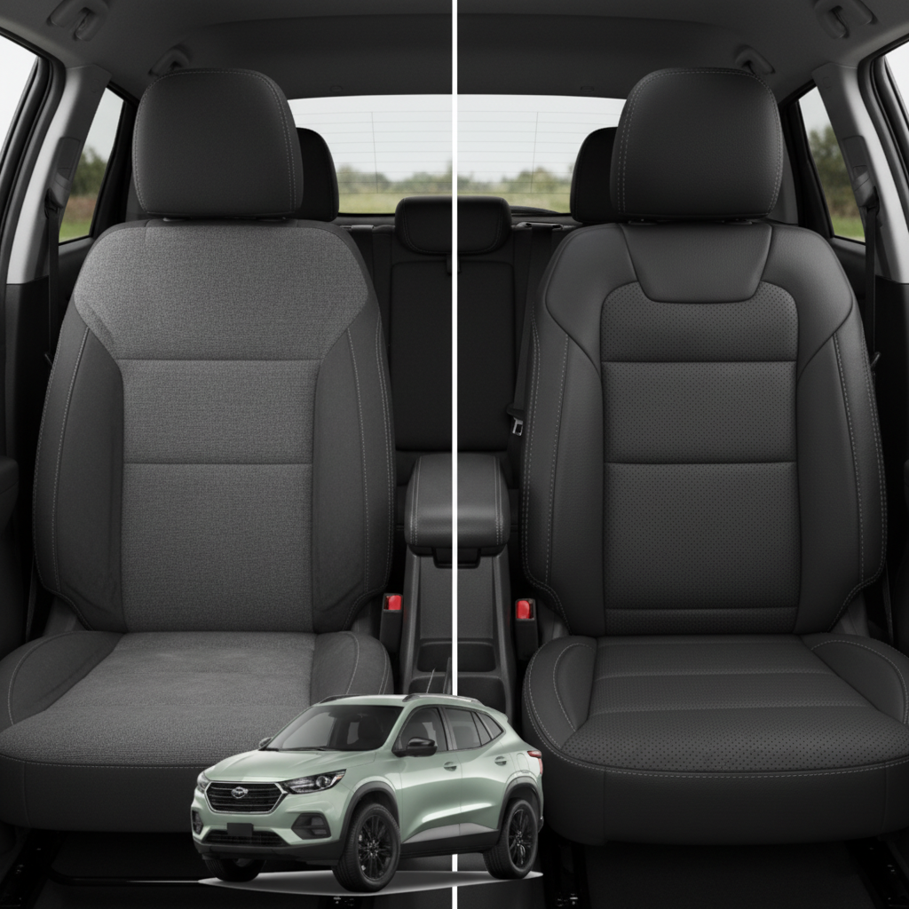 Before-and-after comparison of Chevrolet Trax front seats, showing cloth seat upgraded to perforated leather upholstery.
