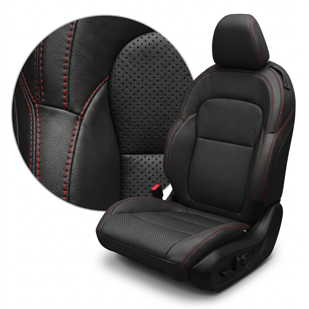 Close-up product image of a 2024–2026 Dodge Charger EV F1 LeatherTeck leather seat upholstery kit on a white background, featuring black upholstery, perforated center inserts, and red contrast stitching; a circular zoom inset highlights the leather-grain texture, perforation pattern, and red-stitched seam detail.