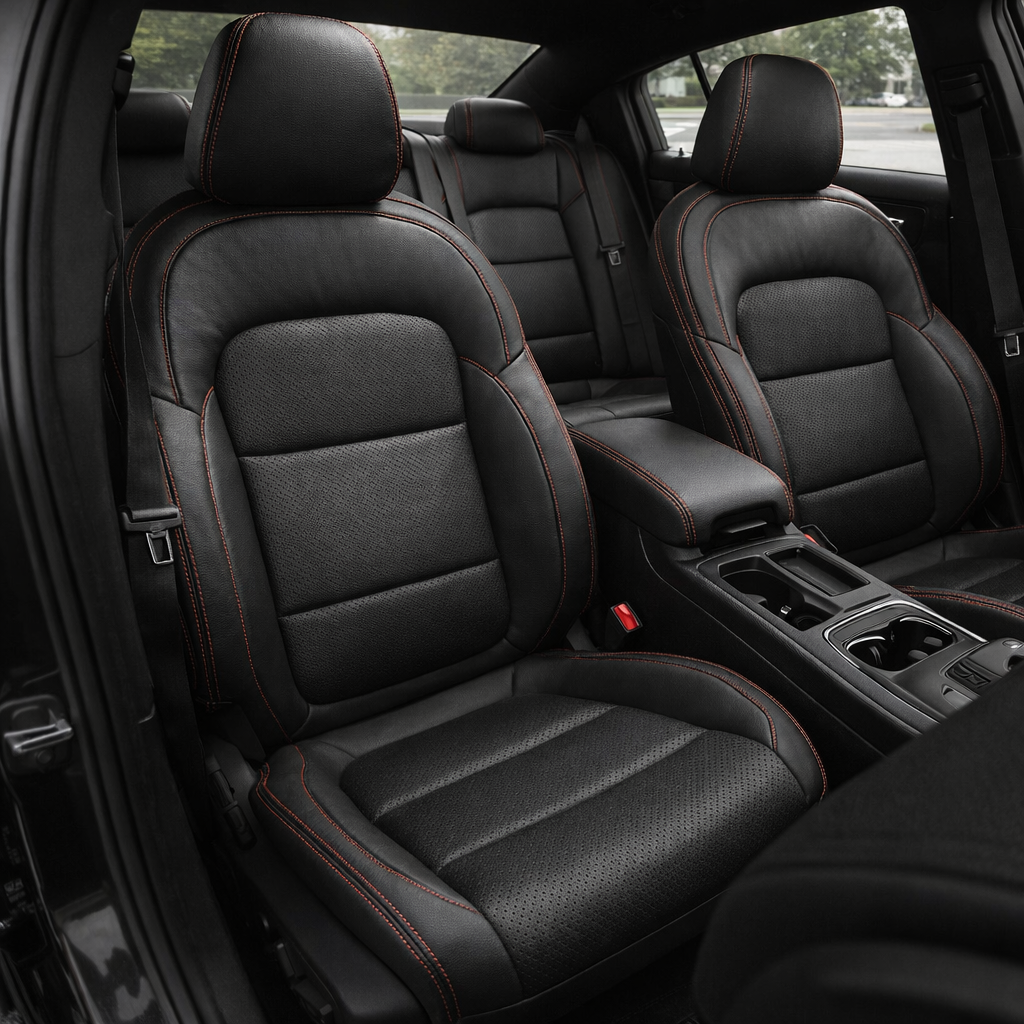 Front in-cabin view of a 2024–2026 Dodge Charger EV with LeatherTeck seat upholstery installed in black, featuring perforated center inserts and red contrast stitching, shown from the open driver-side door with the front bucket seats, headrests, center console, cupholders, rear seat, side windows, and black interior trim visible.