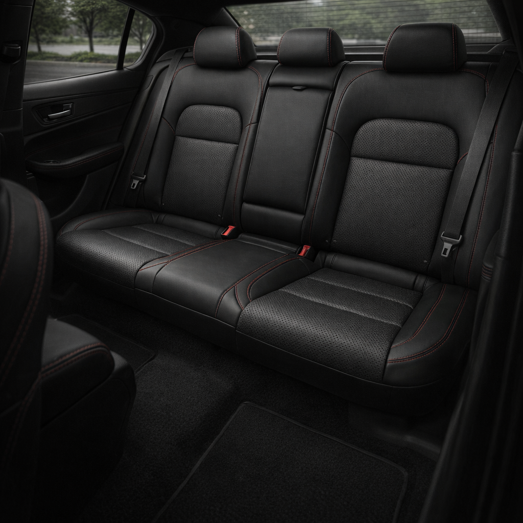 Rear in-cabin view of a 2024–2026 Dodge Charger EV with LeatherTeck rear seat upholstery installed in black, featuring perforated seat inserts and red contrast stitching, with the rear bench seat, three headrests, seatbelts, door panel, rear window, front seatback, floor mat, and black interior trim visible.