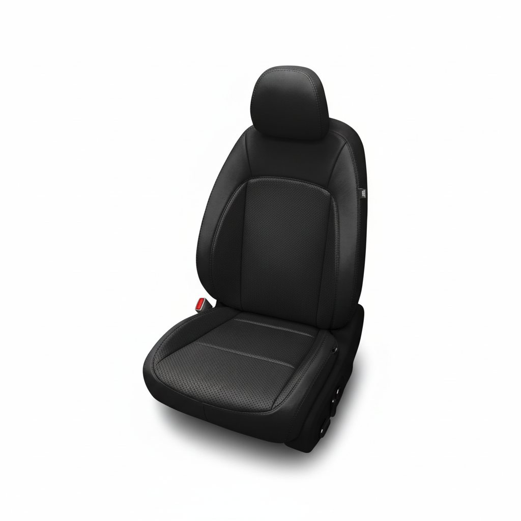 Black leather car seat with perforated inserts on a white background.
