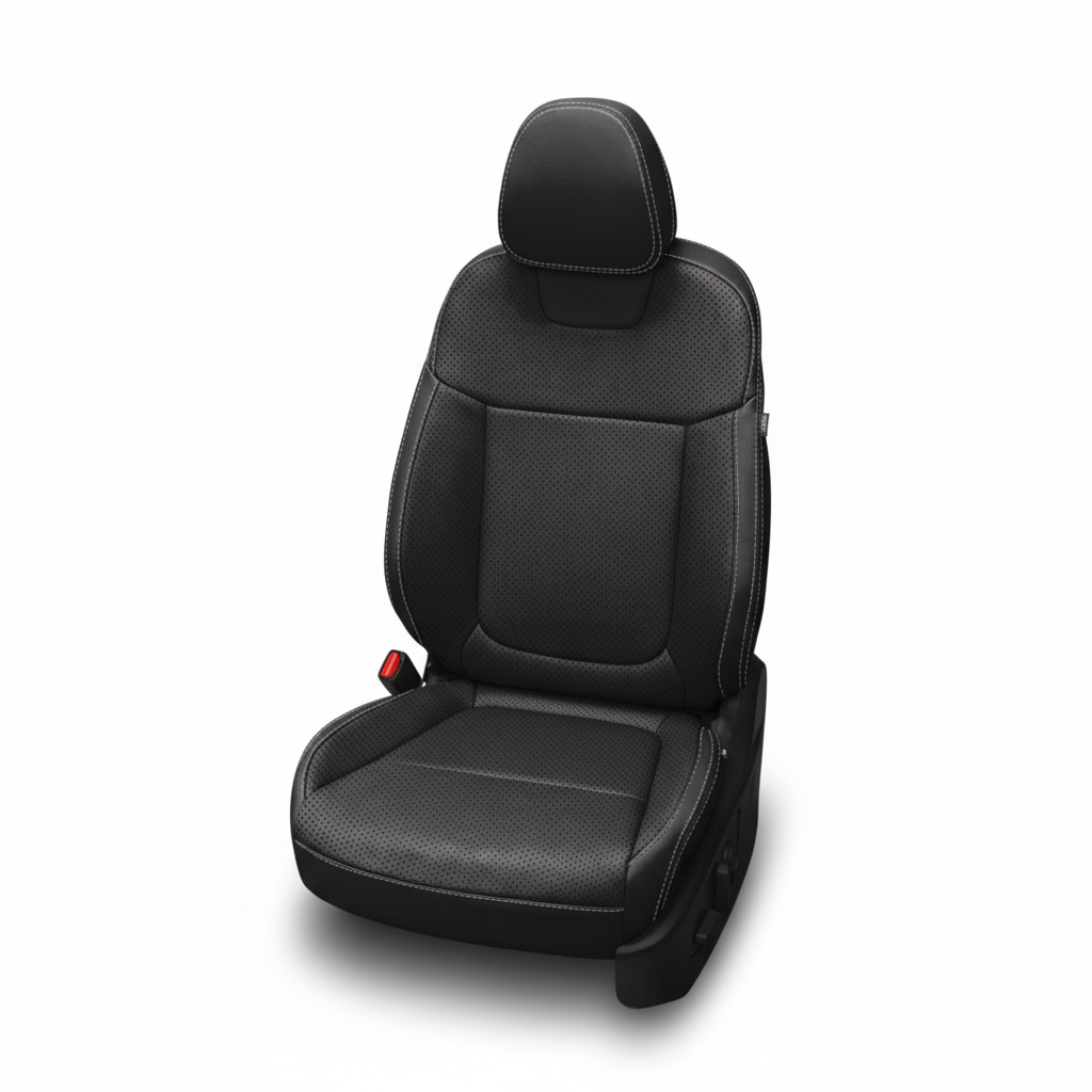 Black leather car seat with perforated panels and silver contrast stitching on a white background.
