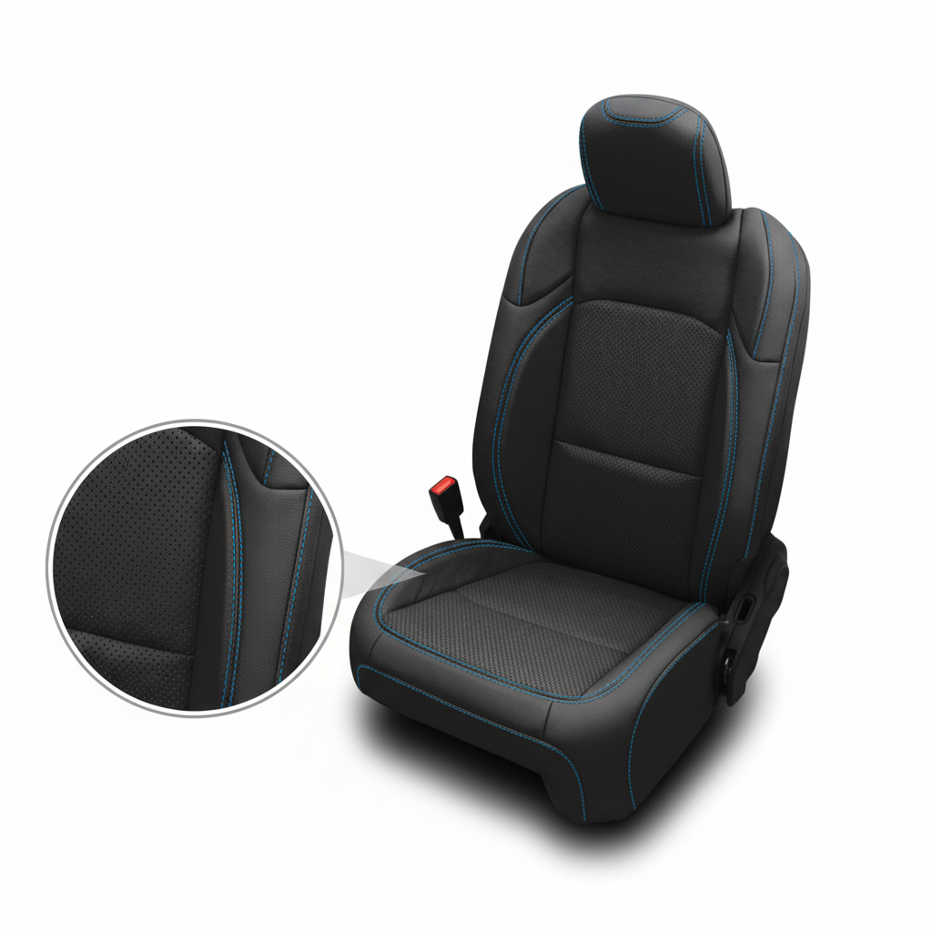 Black car seat with blue stitching on a white background
