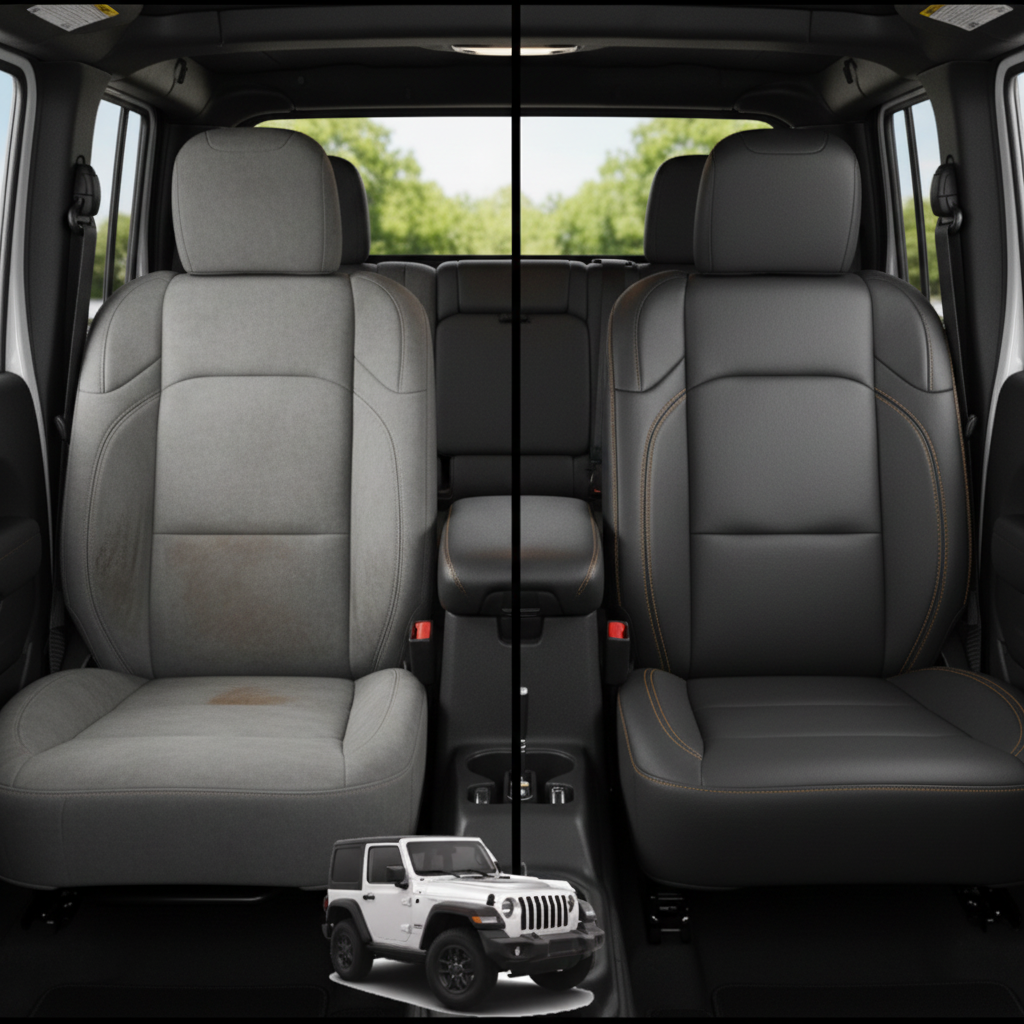 Before-and-after comparison of Jeep Wrangler JL front seats, showing original cloth seat upgraded to perforated leather upholstery.
