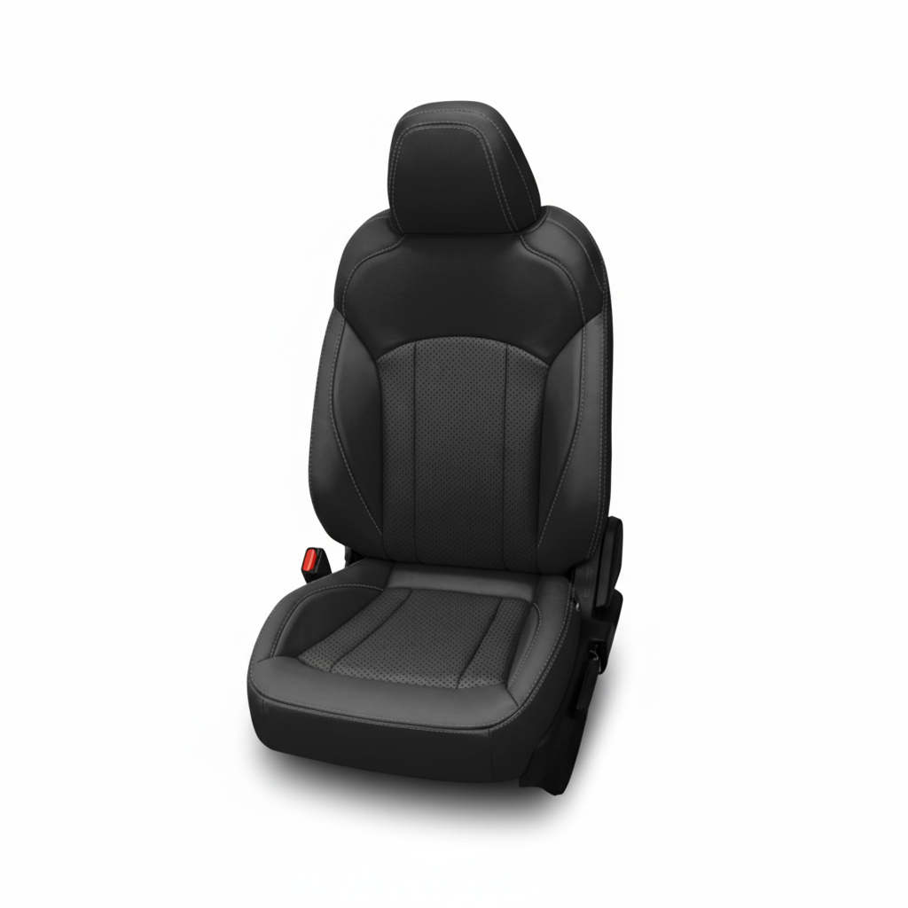 Black leather car seat with perforated inserts and stone stitching on a white background.