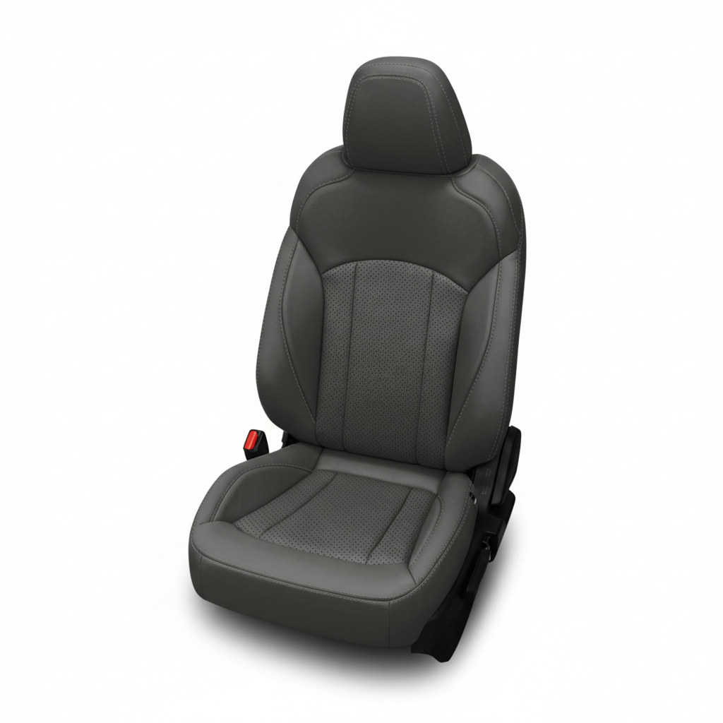 Charcoal leather car seat with perforated inserts and stone stitching on a white background.

