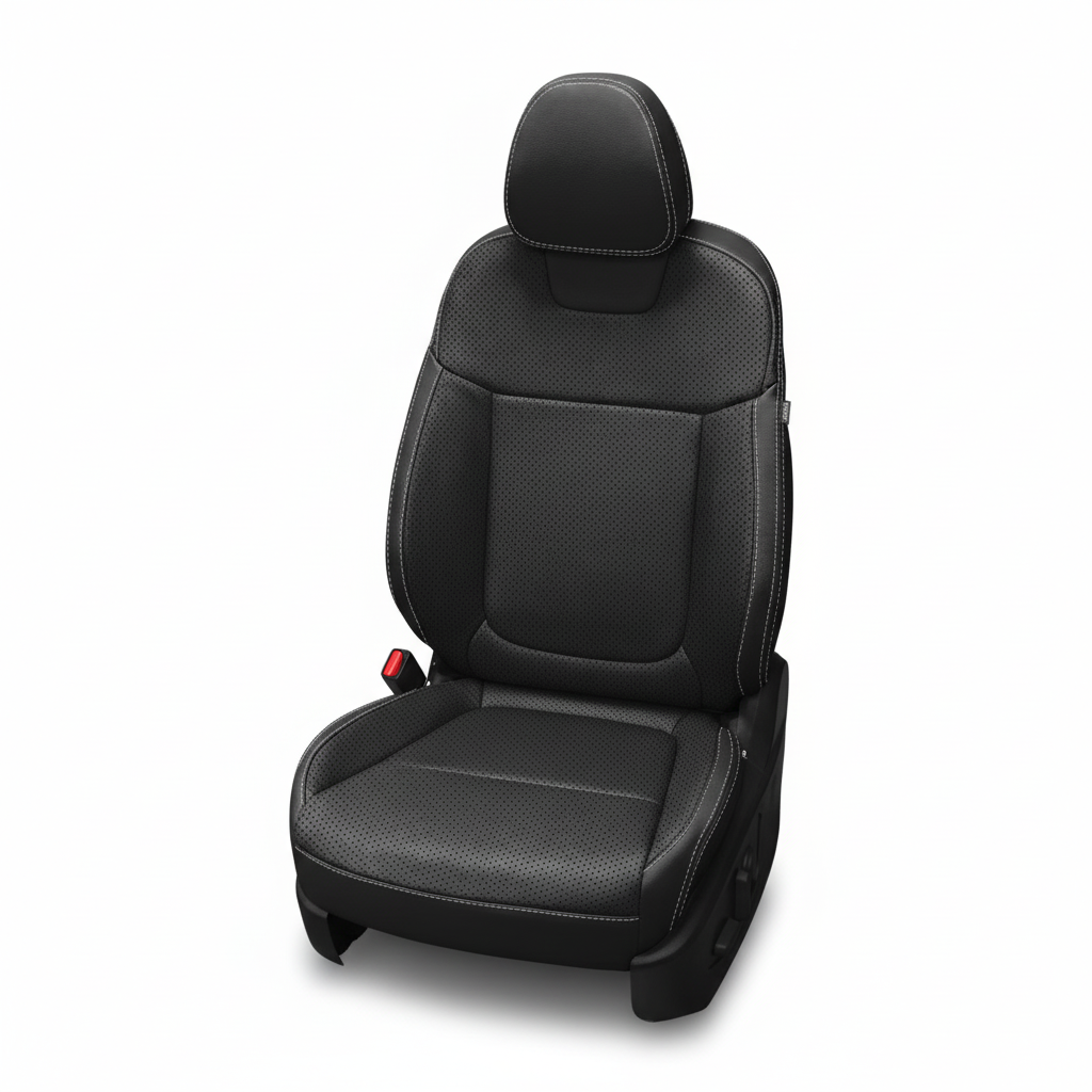 Black leather car seat with perforated inserts on a white background.

