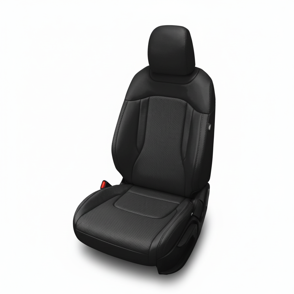 Black car seat cover with perforated design on a white background