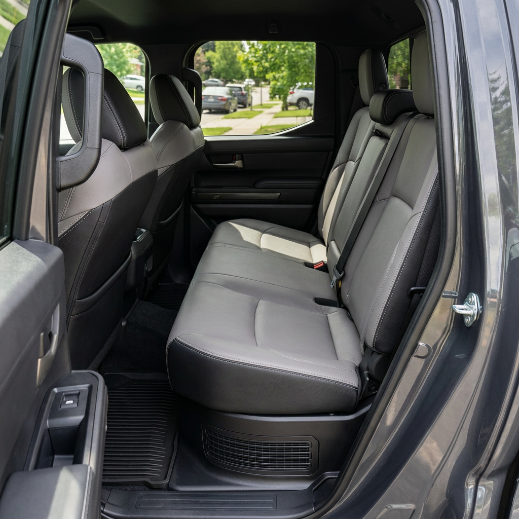 Rear in-cabin view of a 2024–2026 Toyota Tacoma Hybrid with an installed Leatherteck leather seat upholstery kit in black with ash gray facing panels and silver contrast stitching, photographed through the open rear door showing the rear bench seat, headrests, seatbelts/buckles, front seatbacks, rear door panel, and black all-weather floor liner.


