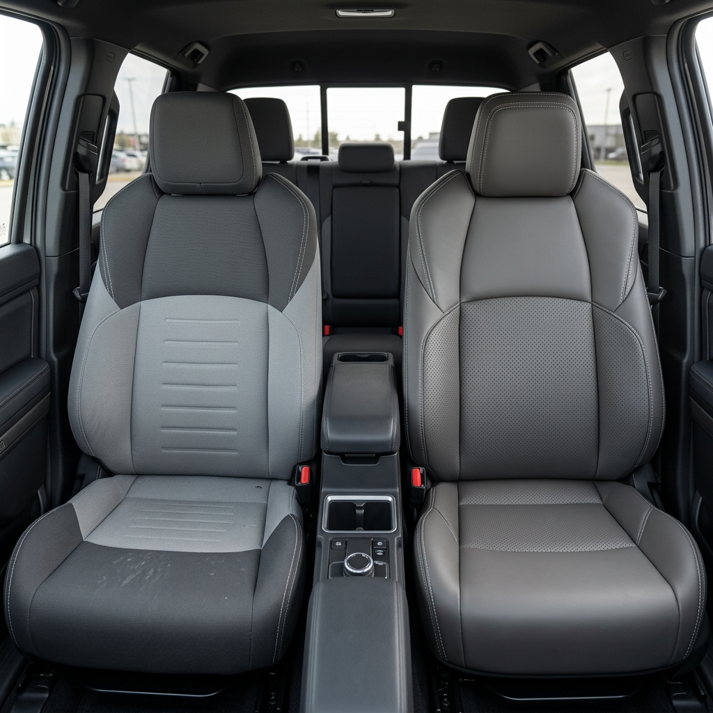  Before-and-after front in-cabin view of a 2024–2026 Toyota Tacoma Hybrid split down the middle: the left front seat shows the factory gray cloth upholstery, while the right front seat shows the upgraded Leatherteck leather seat upholstery kit in black with light gray front-facing seat panels, perforated black center inserts, perforated black accent panels, and silver contrast stitching, with the center console, cupholders, rear bench seat, headrests, seatbelts, door panels, and floor mats visible.
