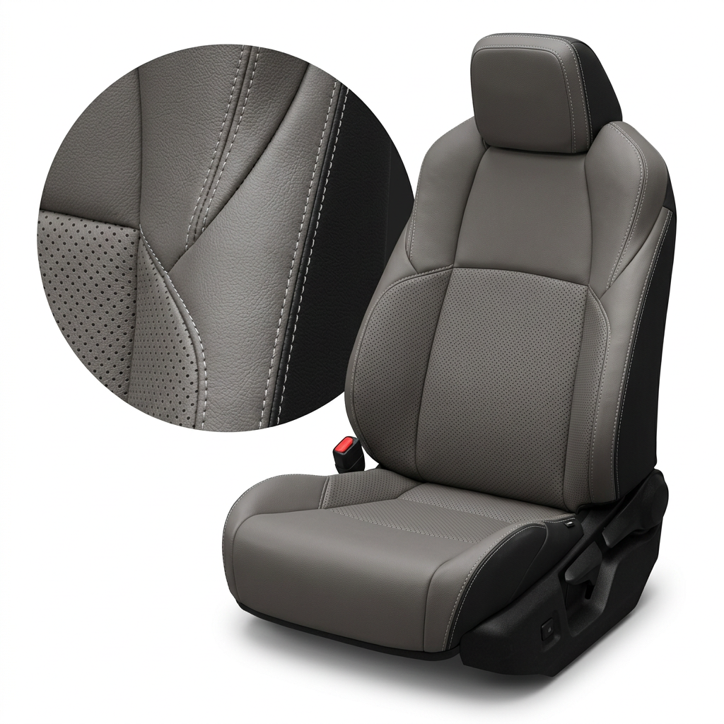 Close-up product image of a 2024–2026 Toyota Tacoma Hybrid Leatherteck leather seat upholstery kit in black with light gray front-facing seat panels, perforated black center inserts, perforated black accent panels, and silver contrast stitching, shown on a white background with a circular zoom inset highlighting the leather grain, perforation pattern, and double-stitched seam detail.