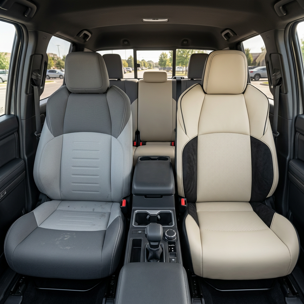 Before-and-after front in-cabin view of a 2024–2026 Toyota Tacoma Hybrid split down the middle: the left front seat shows the factory gray cloth upholstery, while the right front seat shows the upgraded Leatherteck leather seat upholstery kit in black with pearl white facing panels, perforated center inserts, black automotive suede accent panels, black contrast stitching, and black edge piping, with the center console, shifter, cupholders, and rear bench seat visible.