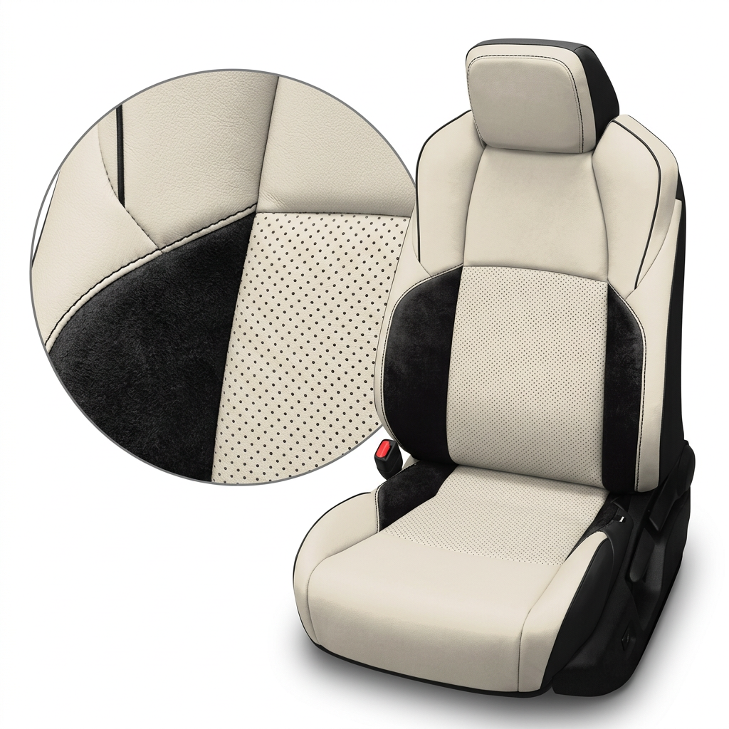 Close-up product image of a 2024–2026 Toyota Tacoma Hybrid Leatherteck leather seat upholstery kit in black with pearl white facing panels, perforated center inserts, black automotive suede accent panels, black contrast stitching, and black edge piping, shown on a white background with a circular zoom inset highlighting the leather grain, perforation pattern, suede texture, and stitched seam/piping detail.