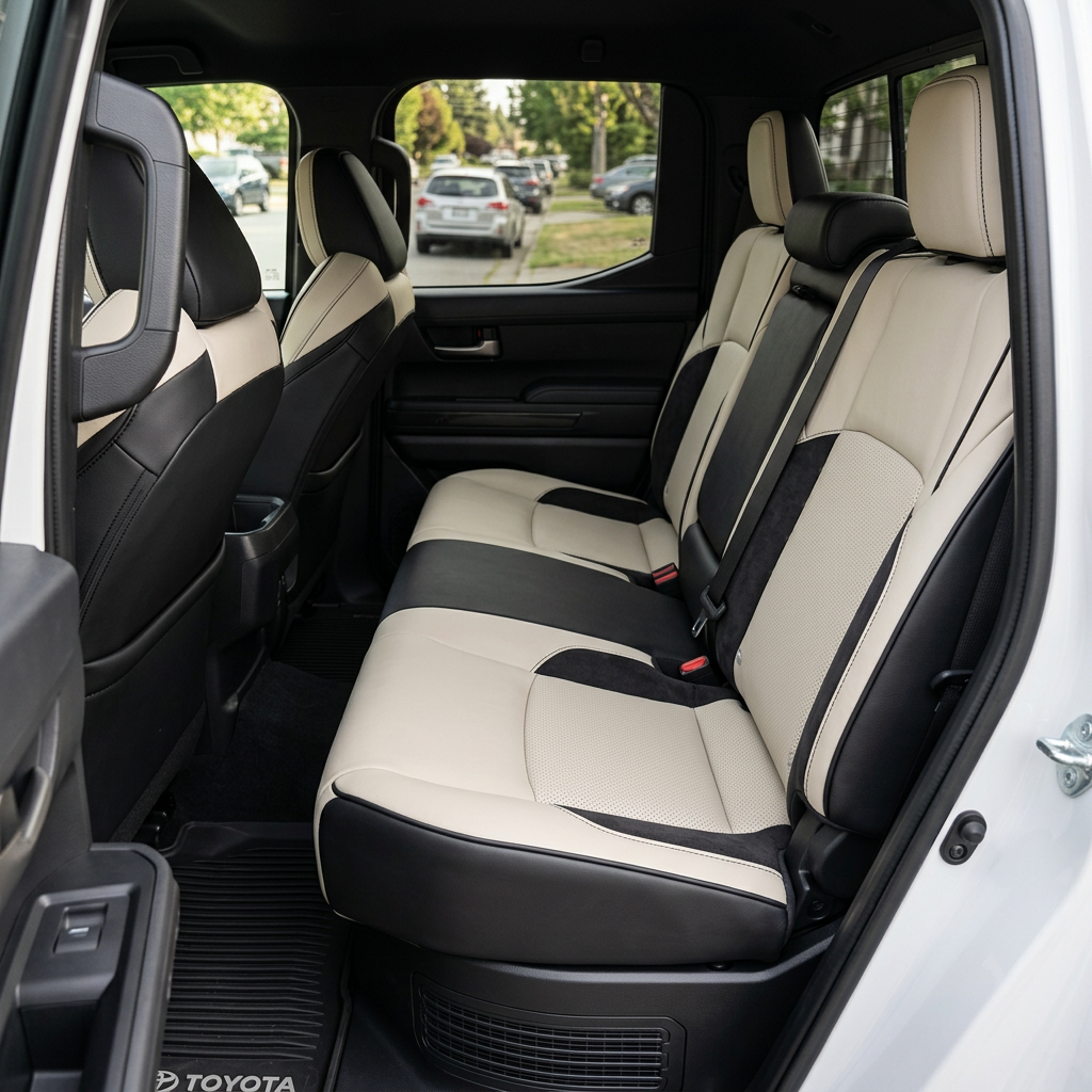 Rear in-cabin view of a 2024–2026 Toyota Tacoma Hybrid with an installed Leatherteck leather seat upholstery kit in black with pearl white facing panels, perforated center inserts, black automotive suede accent panels, black contrast stitching, and black edge piping, photographed through the open rear door showing the rear bench seat with headrests, seatbelts/buckles, front seatbacks, rear door panel, and black floor liner.