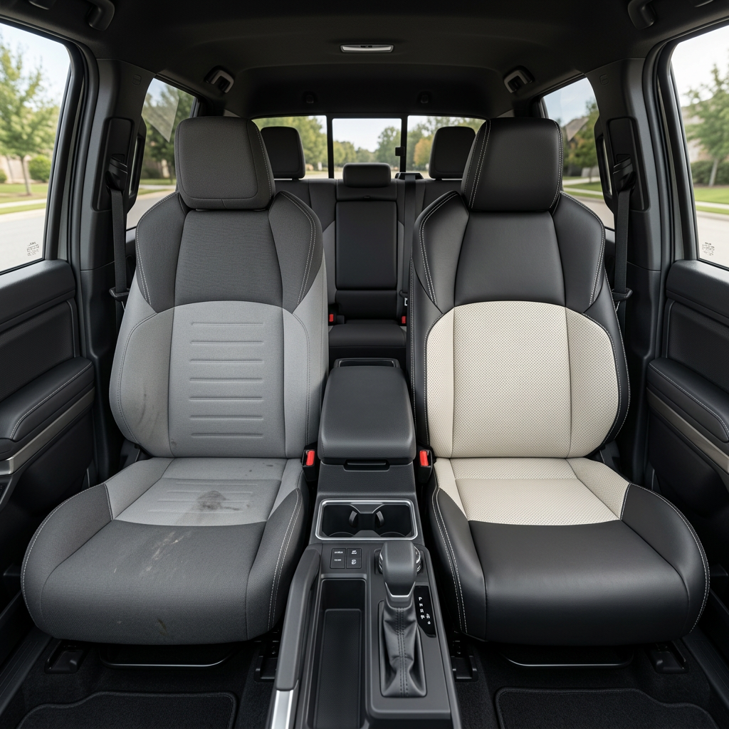 Before-and-after front in-cabin view of a 2024–2026 Toyota Tacoma Hybrid split down the middle: the left front seat shows the factory gray cloth upholstery, while the right front seat shows the upgraded Leatherteck leather seat upholstery kit in black with pearl white perforated center inserts, pearl white perforated accent panels, and pearl white contrast stitching, with the center console, cupholders, shifter, rear bench seat, headrests, seatbelts, door panels, and floor mats visible.


